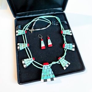 Vintage Native American Turquoise Mosaic Necklace & Earrings